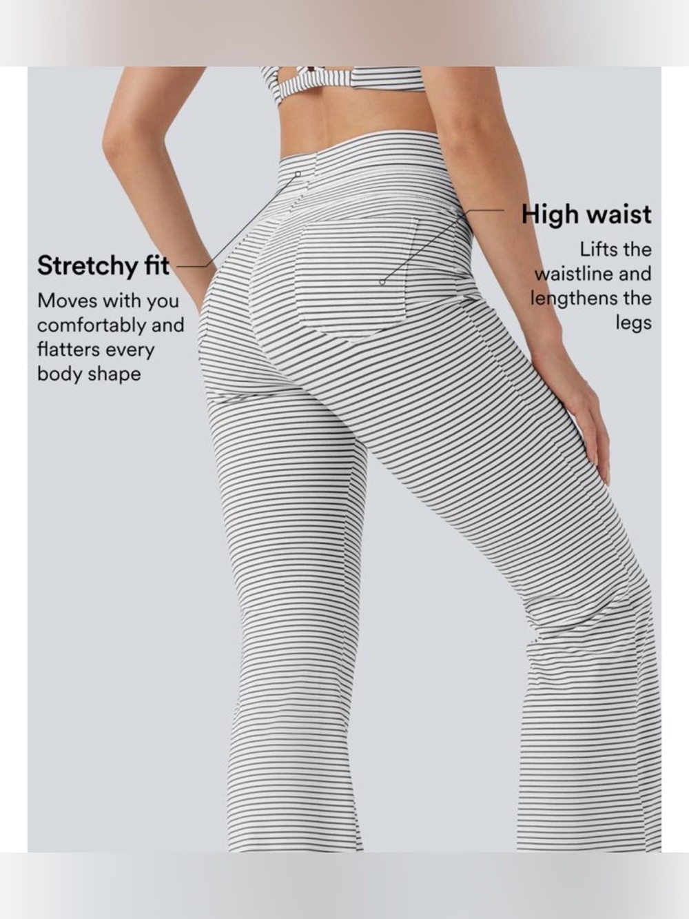 HALARA White & Gray Striped Slim Yoga Flare Lounge Pants NEW - Picture 3 of 9